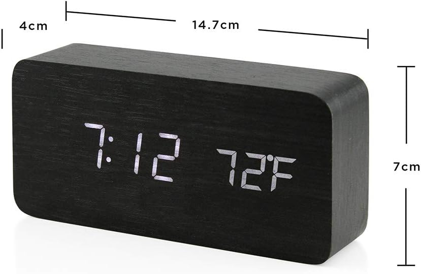Réveil numérique en bois, réveil multifonction LED en bois avec alimentation USB, commande vocale, minuteur et thermomètre - Noir - 3