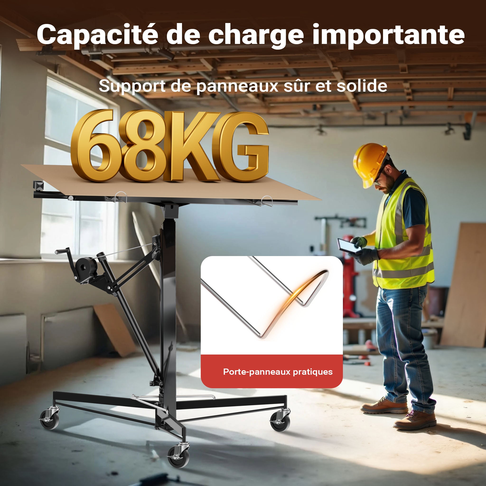Lève-panneaux XXL Panneaux placoplâtre - Hauteur 140-350cm / Charge max 68 kg / Angle d'inclinaison 60° / 3 roulettes - Lève-plaque Monte… Wiltec - 6
