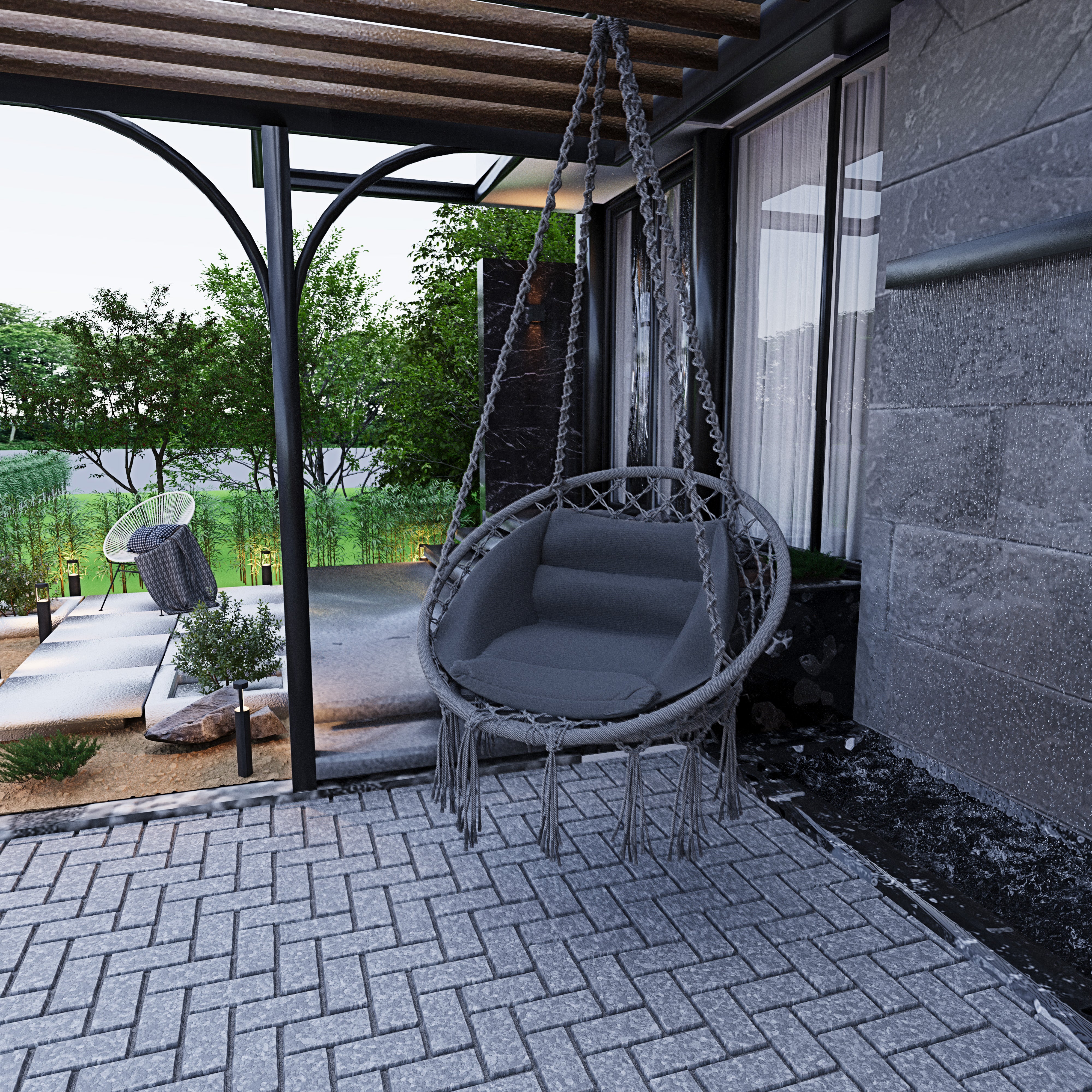 Poltrona Sospesa Pensile Da Giardino Corda In Cotone Struttura In