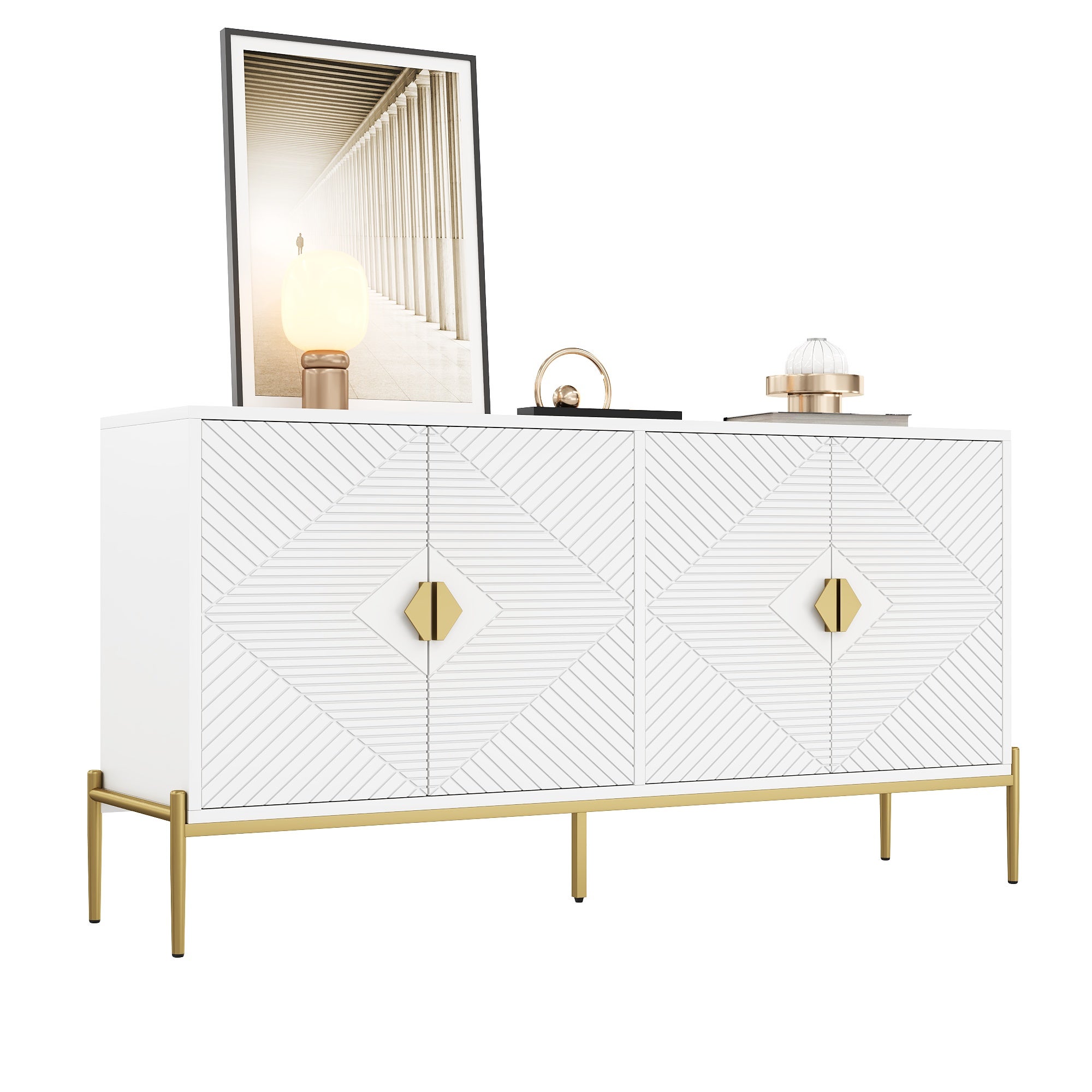 Komoda z 4 drzwiami - 162 x 40 x 80 cm - MDF, płyta wiórowa, nogi metalowe w kolorze złotym - biała