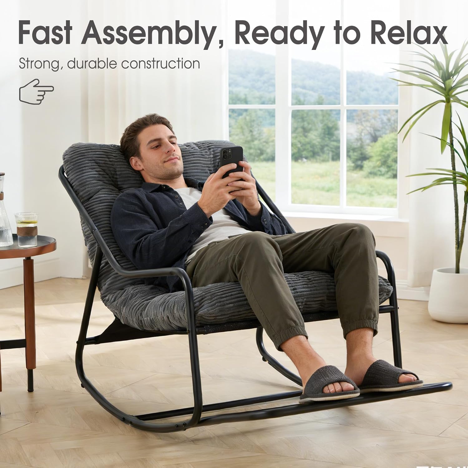 Rocking Chair Relax à Bascule avec Repose-Pieds, Coussin Velours Doux, Structure Acier Durable, Parfait pour Salon, Chambre ou Terrasse - 7