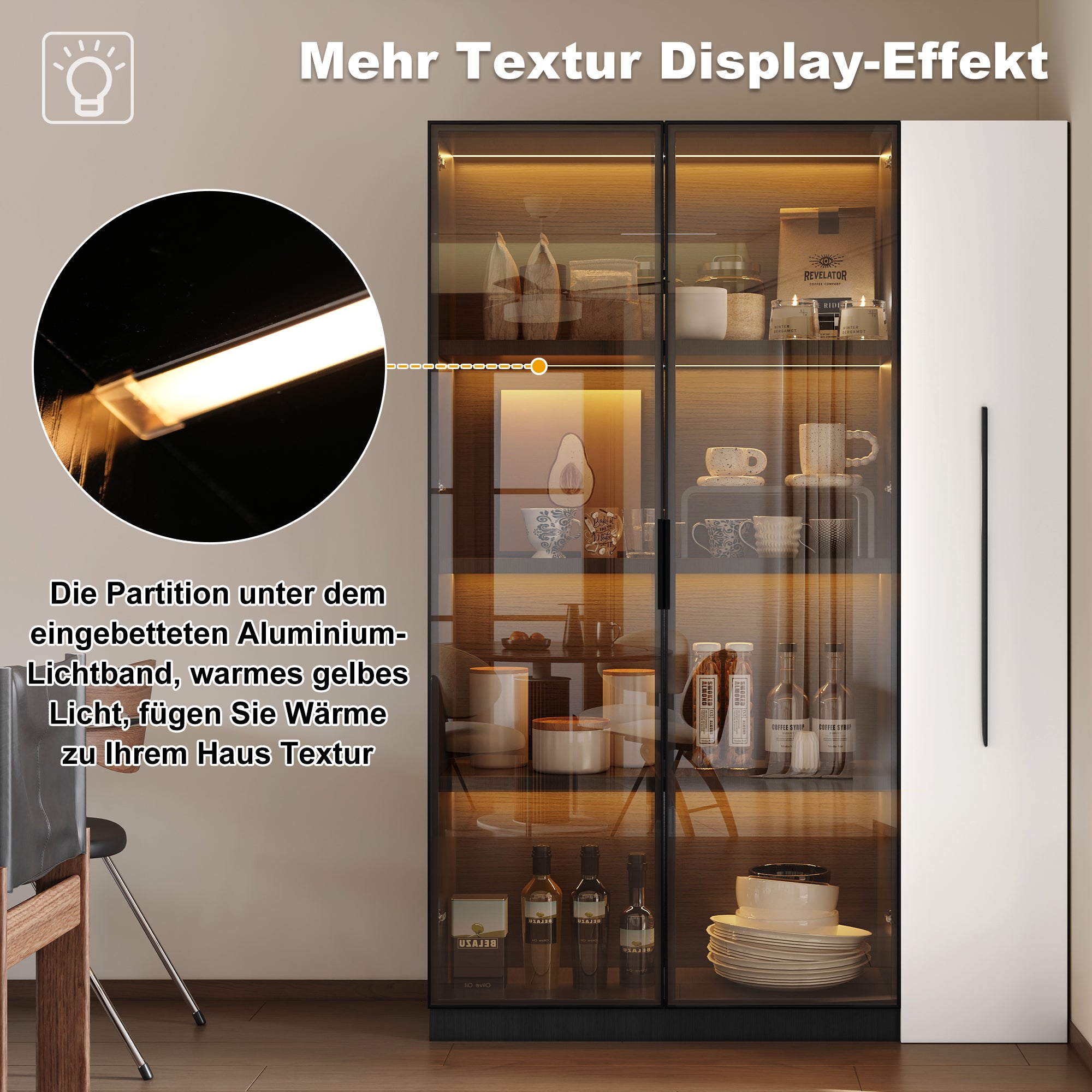 Vetrina con 2 ante in vetro e 1 anta estraibile - 110,5 x 35 x 160 cm - LED - MDF + vetro - Bianco e nero - 6