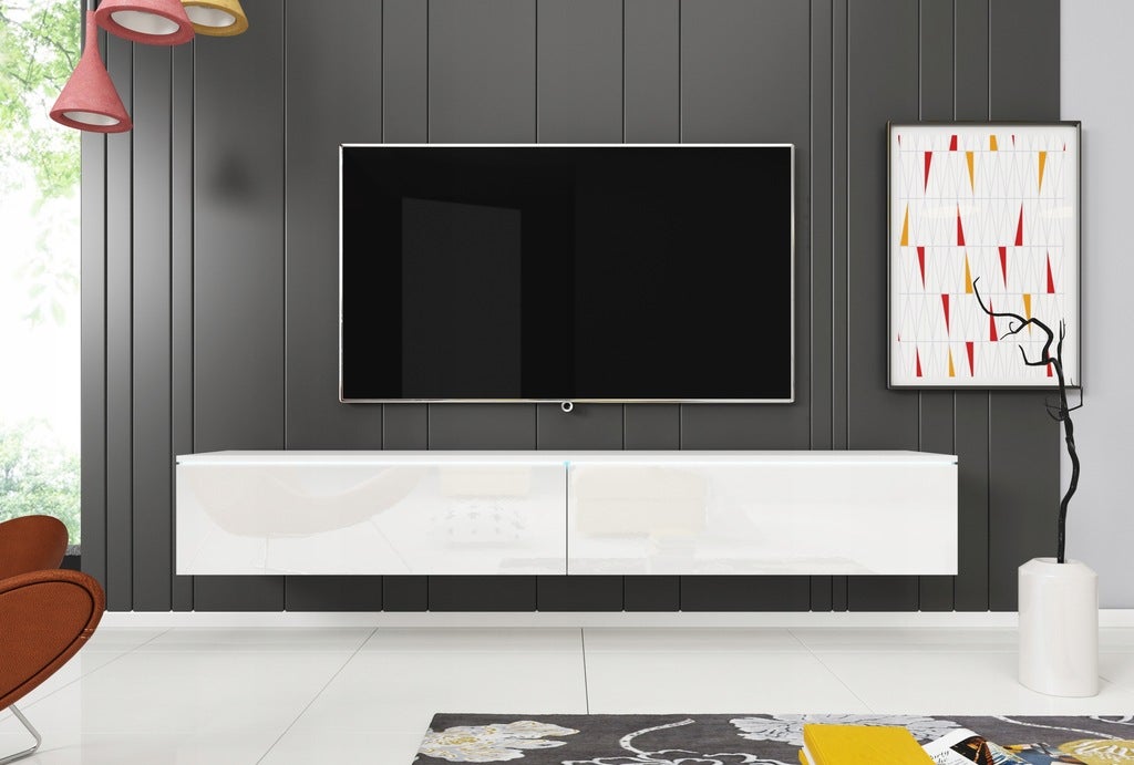 Meuble TV Lowboard D180 Blanc/Blanc brillant, Nombre de portes : 2, 180x30x33 cm - 4