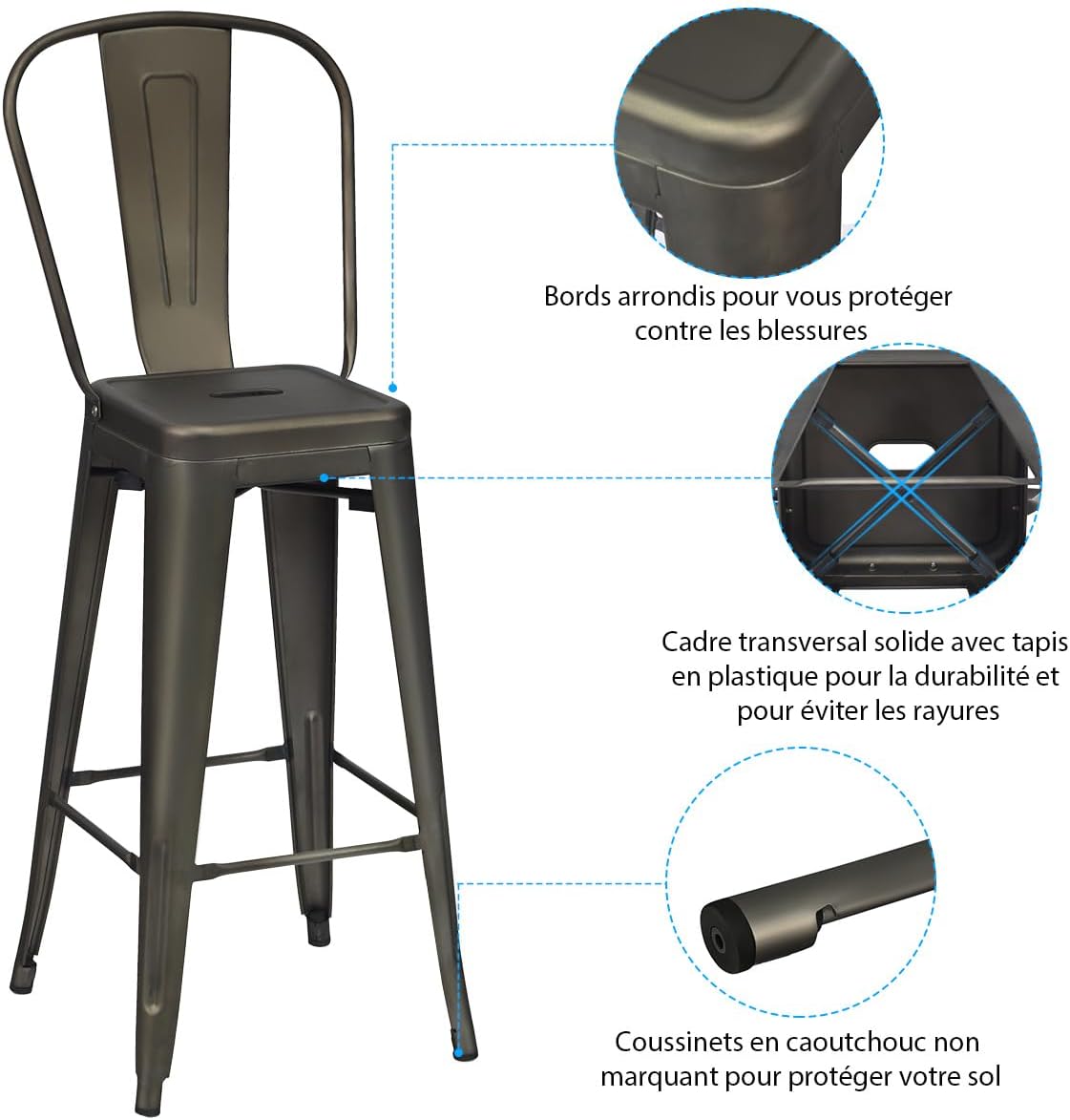 Sedie in Metallo da 76 cm, Set di 4 Sedie da Bar, Sedie in Metallo con Schienale Rimovibile, Sedie da Bar Laterali, per Interni ed Esterni - 3