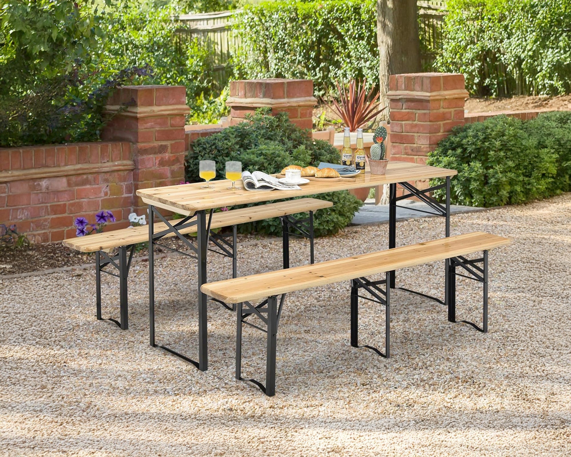 Set Birreria 220 x 80 Cm XXXL 8 /10 Posti 3 Pezzi 2 Panche 1 Tavolo Pieghevole Panca Da Feste Sagra Legno Abete Struttura Acciaio Richiudibile - 2