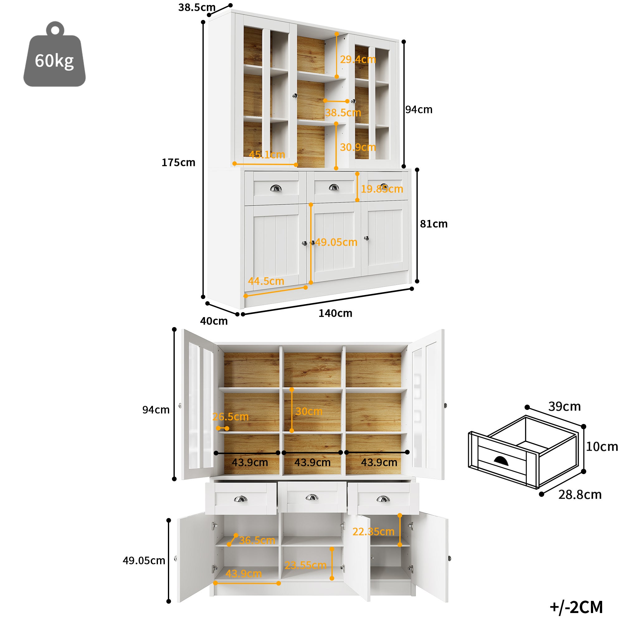 Kredens kuchenny z 5 drzwiami, 3 szufladami i półkami, witryna - 140 x 38,5 x 175 cm - MDF - biały + naturalny - 5