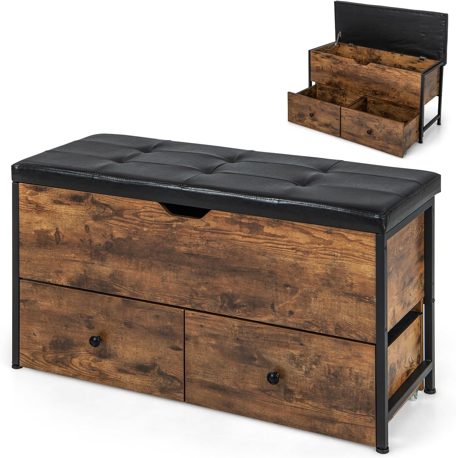 Latifolia Scarpiera Con Panca In Legno Massello Di Gomma - 2 Ripiani Con Cuscino - Nero, 55 Cm