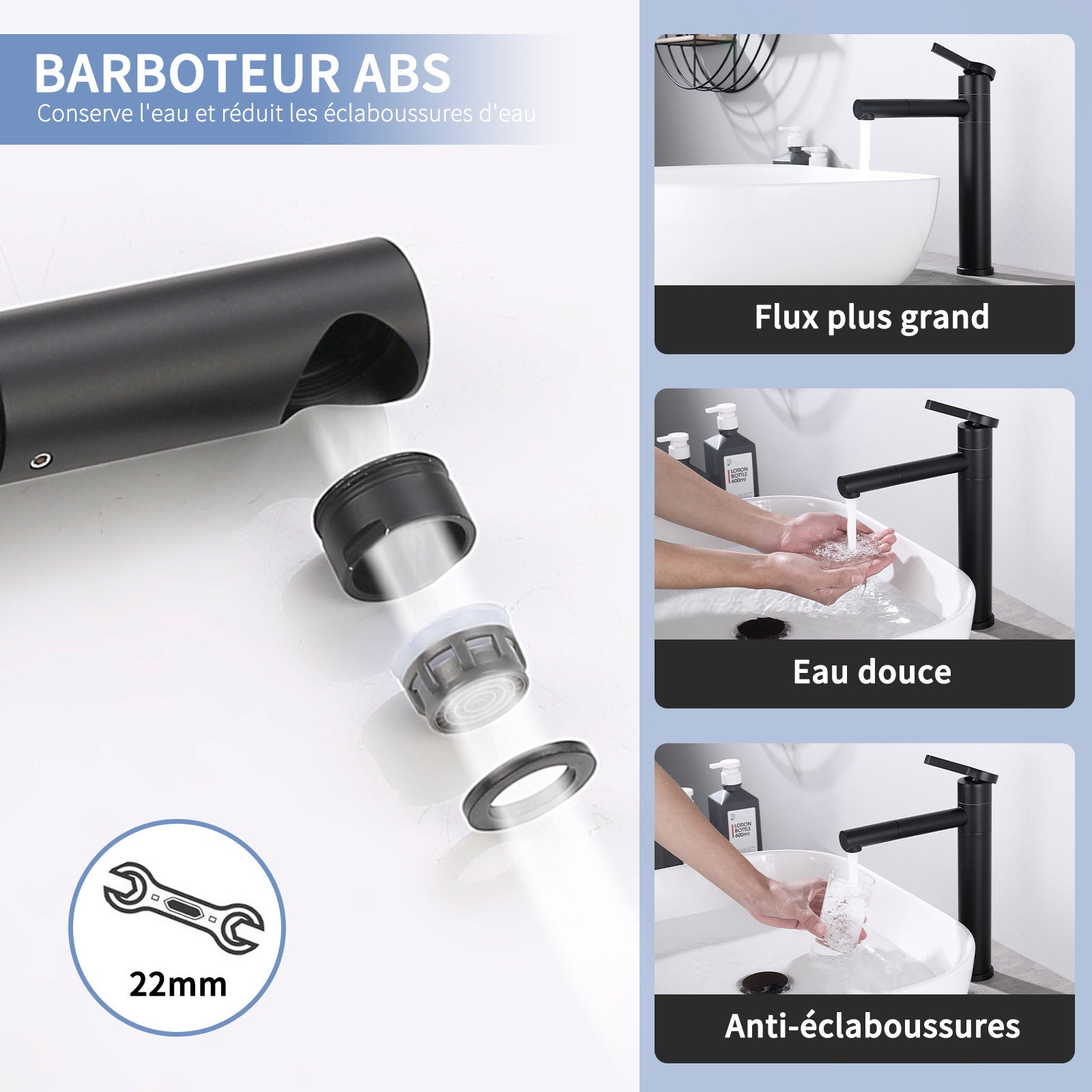Mitigeur de Lavabo Noir Haut Bec Robinet de Salle de Bain Pivotant 360° Robinetterie de Lavabo pour Vasque en Acier Inox - 5