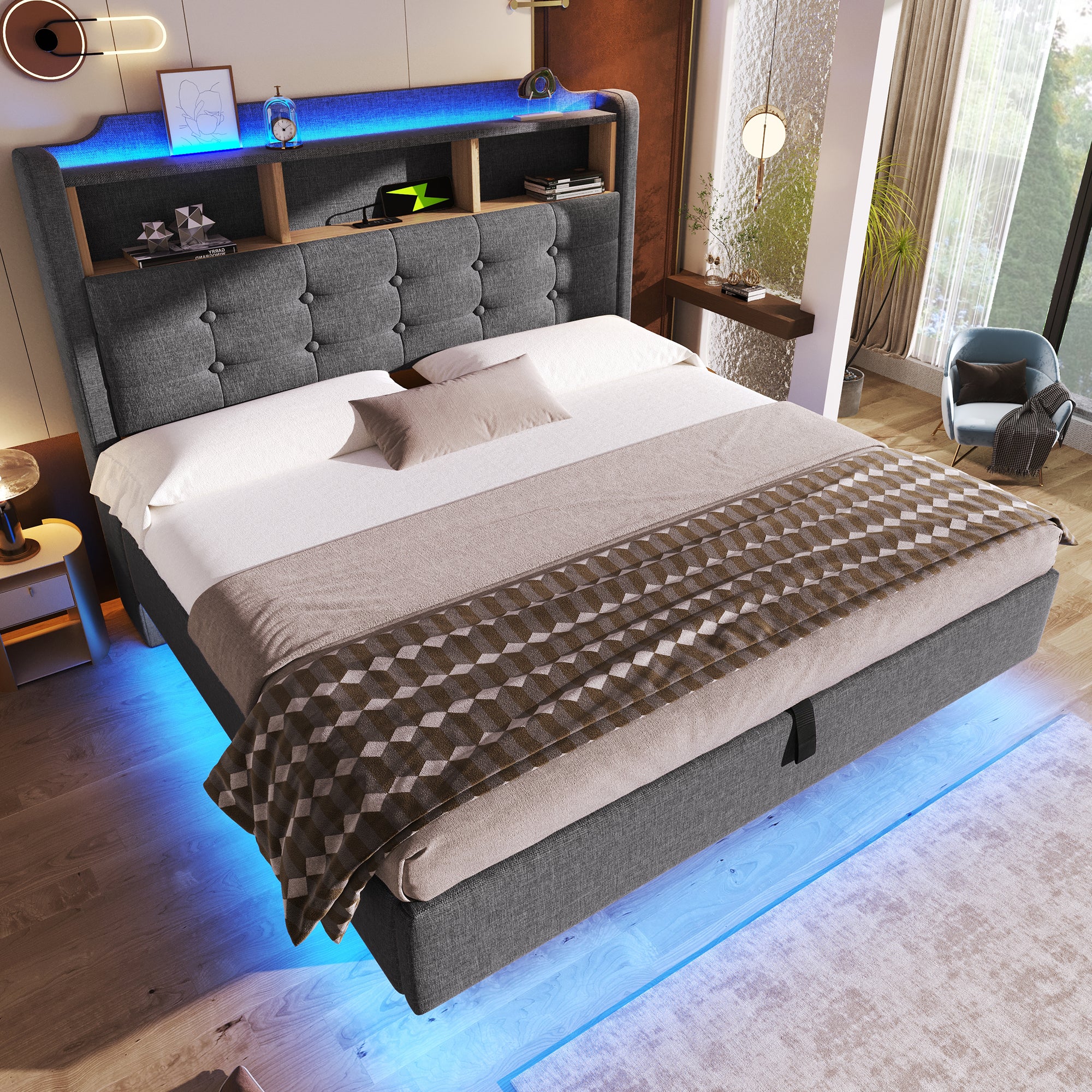Łóżko tapicerowane ze schowkiem 140x200 cm - z oświetleniem LED - wyposażone w interfejs USB + Typ-C - tkanina lniana - kolor szary - 2