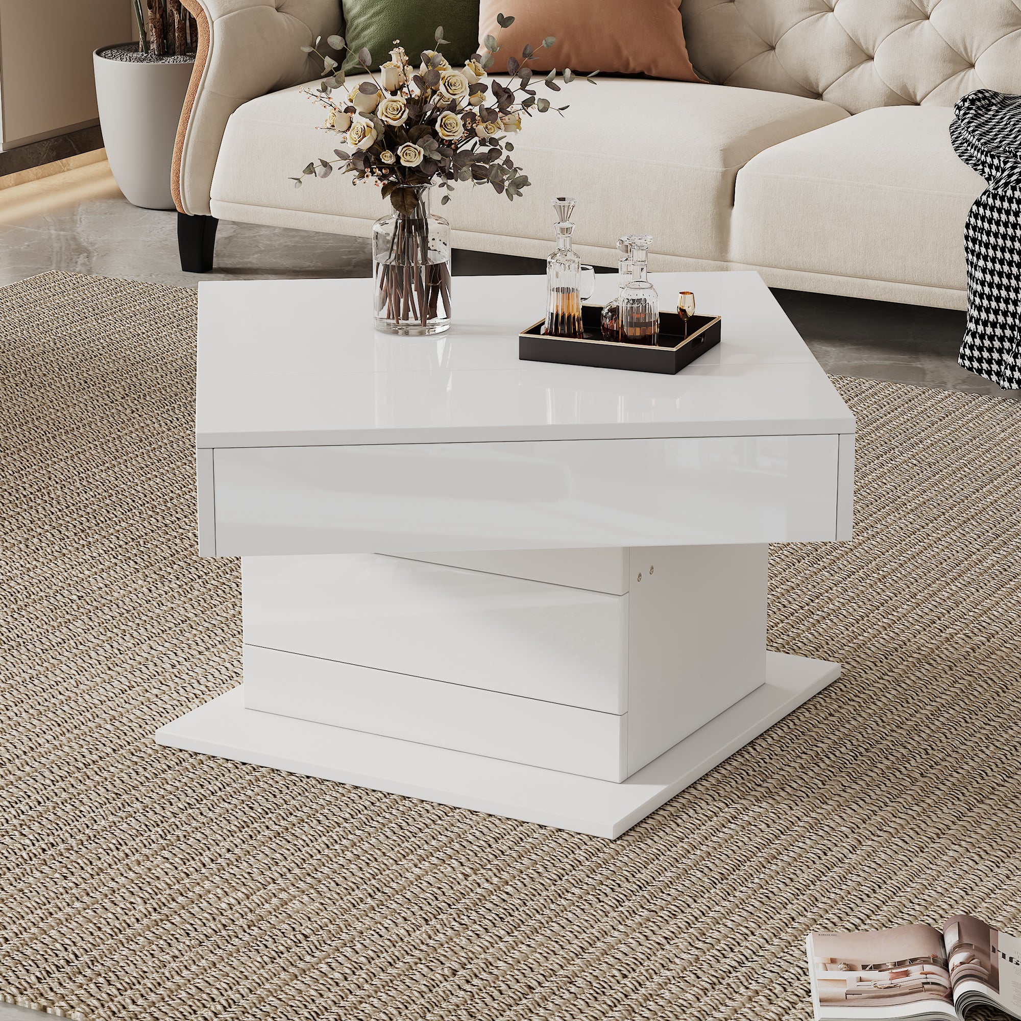 Stolik kawowy z podnoszonym blatem, 1 szufladą i obrotowym blatem 360° - 70 x 70 x 45 cm - Płyta wiórowa - Biały - 3