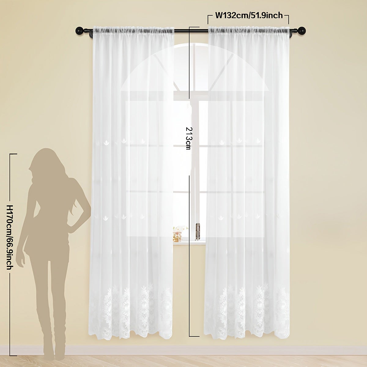 Set di 2 tende in tulle ricamate in pizzo francese, tende in tulle con pizzo a trifoglio, 52