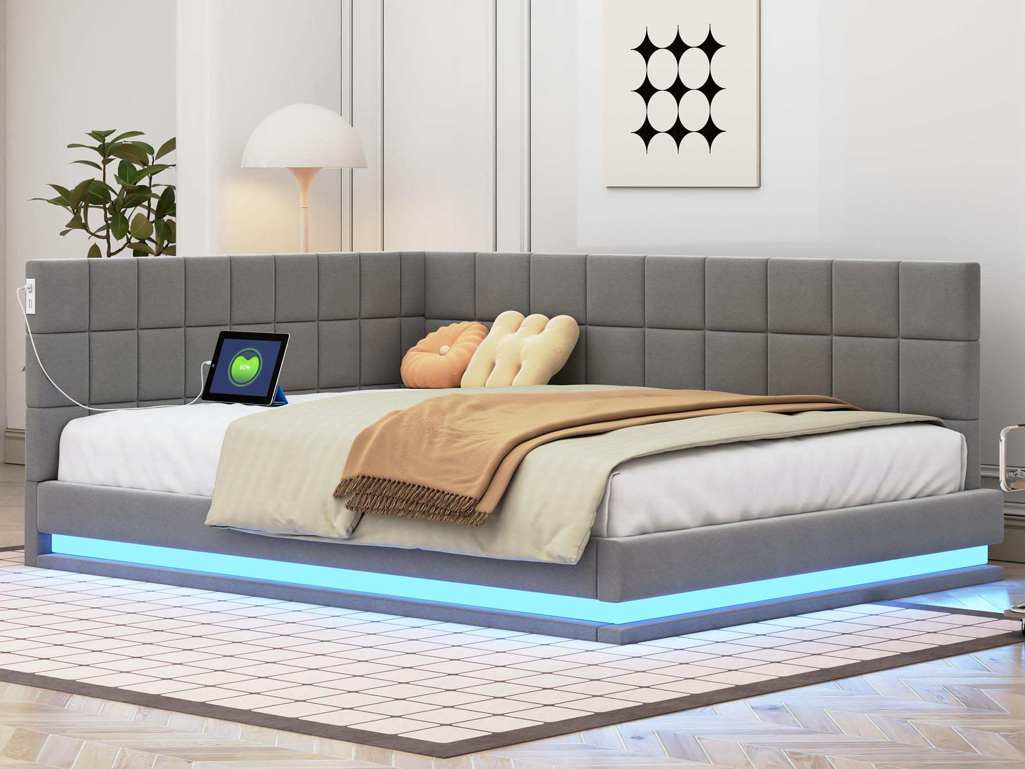 Tapicerowane aksamitne łóżko 140x200cm - z diodą LED i wtyczką USB - Szare