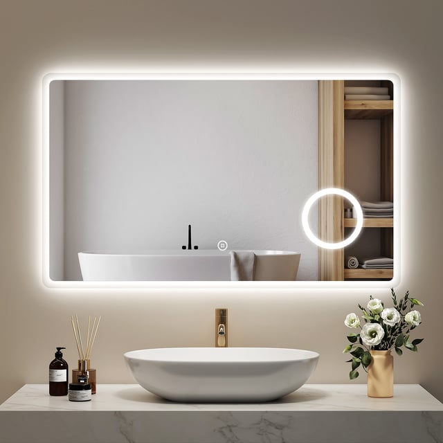 EMKE Espejo de baño LED con lupa de 3 aumentos 100x60cm, interruptor táctil, luz blanca fría