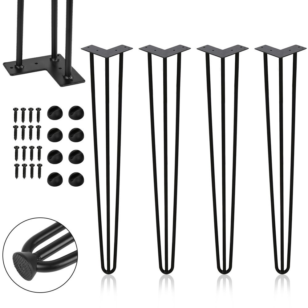 4 szt. nóg stołowych 45 cm, metalowe nogi w kształcie spinki do włosów, 3 stojaki na nogi meblowe do stołu i krzeseł DIY - wzór przemysłowy - czarny