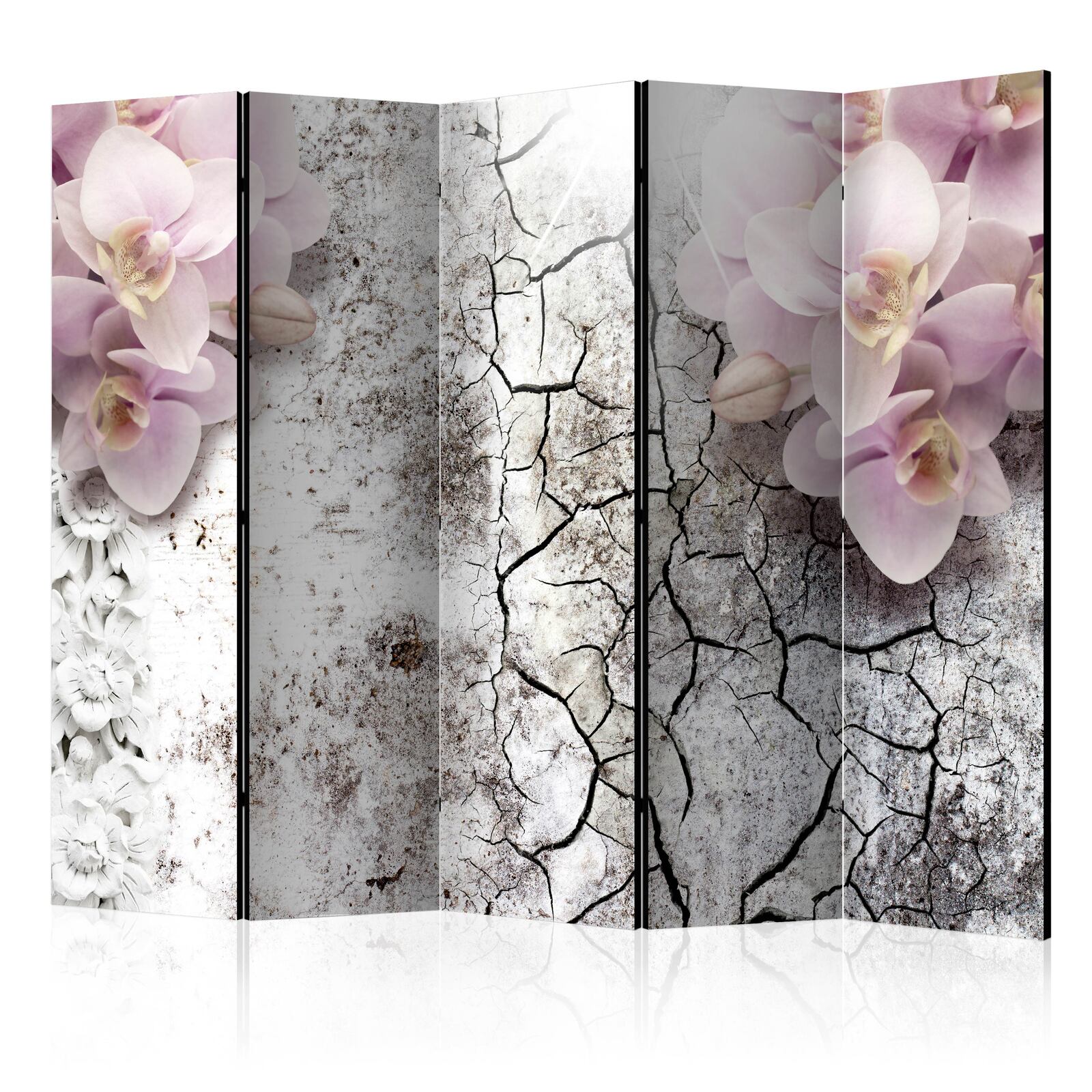 Paravent Déco Réversible XXL - 225x172 Cm - Séparateur De Pièce Pliable - Motif Abstraction Marron Et Fleurs - Moderne