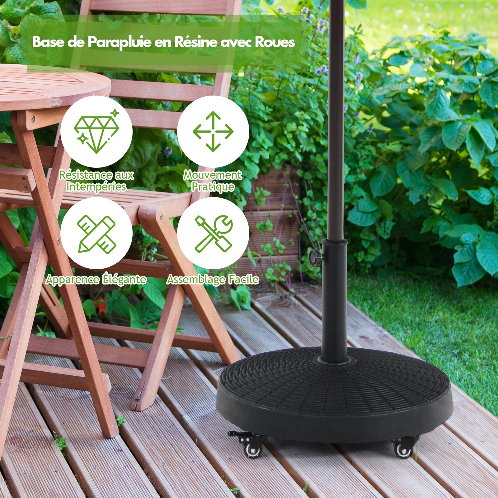 Pied de Parasol sur Roulettes φ52CM 23KG, Socle Parasol Extérieur en Résine avec Bouton Rotatif, Résistant aux Intempéries, pour Poteaux 38/48 mm - 8