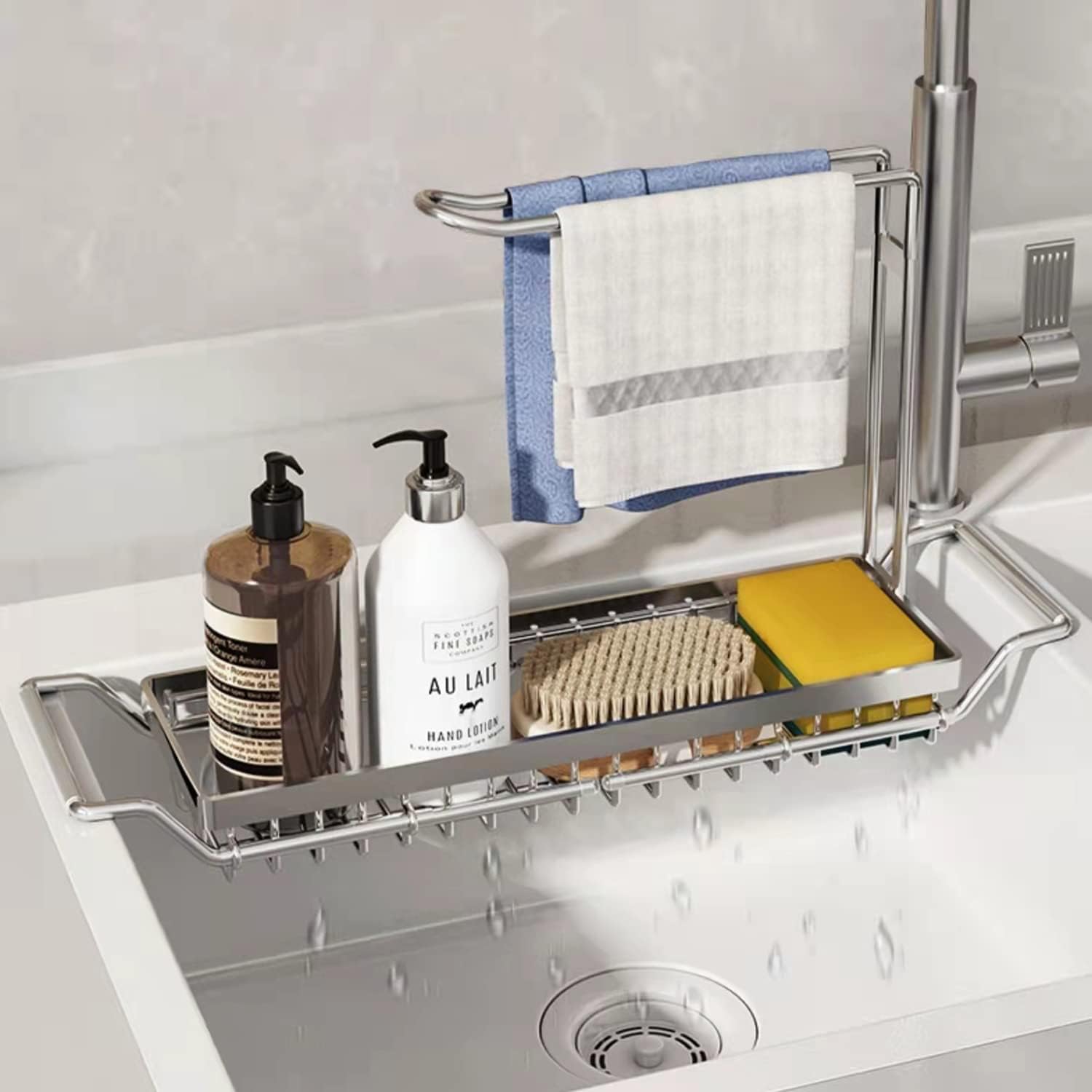 Organizer do zlewu kuchennego organizer do zlewu kuchennego uchwyt na gąbkę ściereczkę szczotkę płyn do naczyń teleskopowy organizer drenażu srebrny