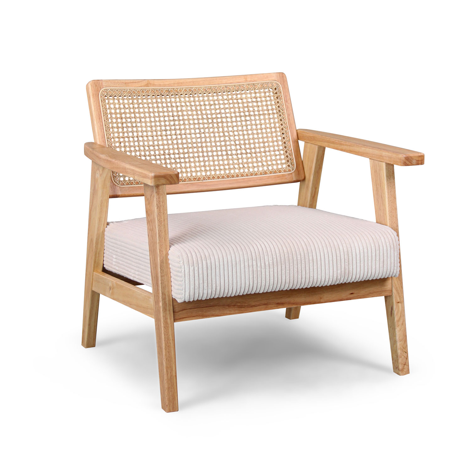 Artena - sillón de madera maciza de parawood con monturas de polyrattan y asiento de pana
