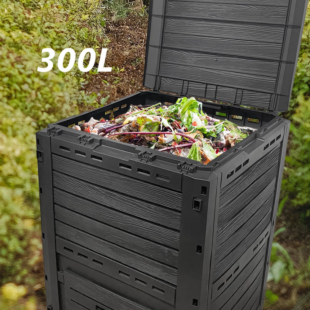 Compostador de Jardín 300L, Compostera Orgánica Aspecto de Madera, Negro - 2