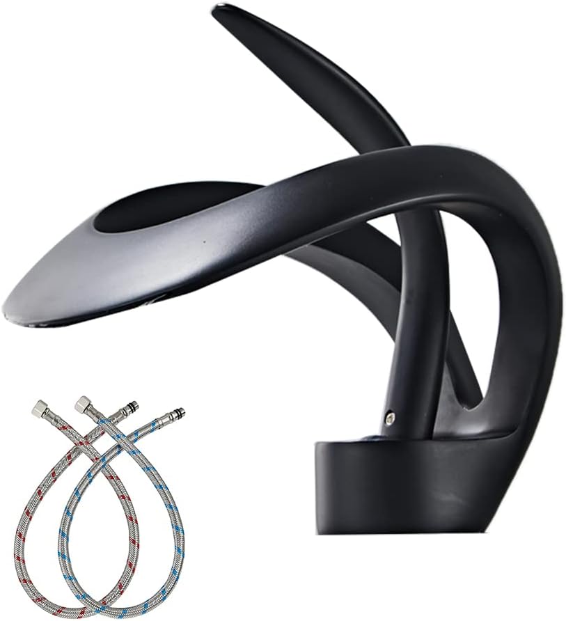 Czarny kran umywalkowy, jednouchwytowy kran łazienkowy typu wodospad, kran z ciepłą i zimną wodą.