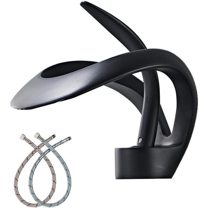 Czarny kran umywalkowy, jednouchwytowy kran łazienkowy typu wodospad, kran z ciepłą i zimną wodą.