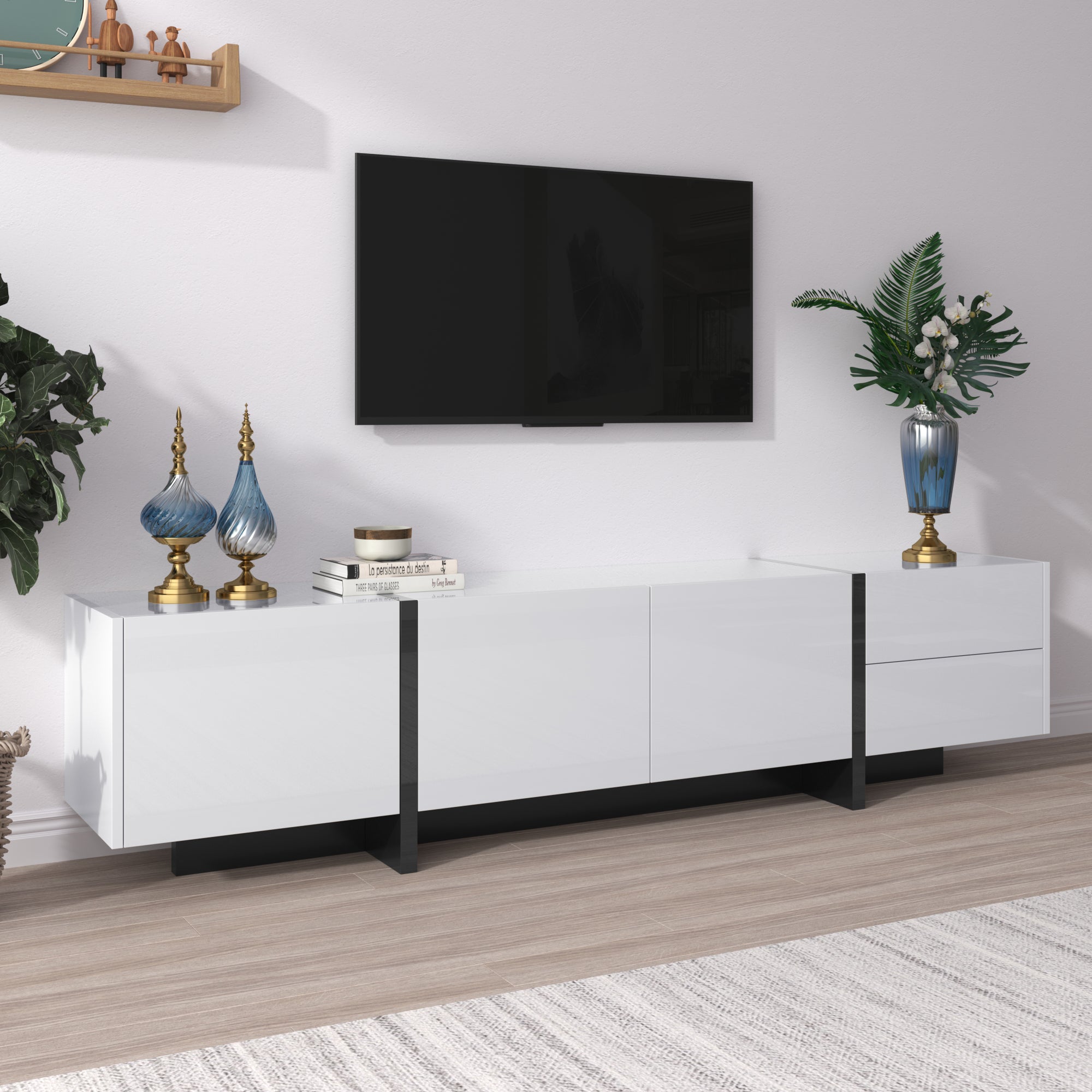 Meuble TV 190x35x45cm rangement trois portes deux tiroirs design épuré ...
