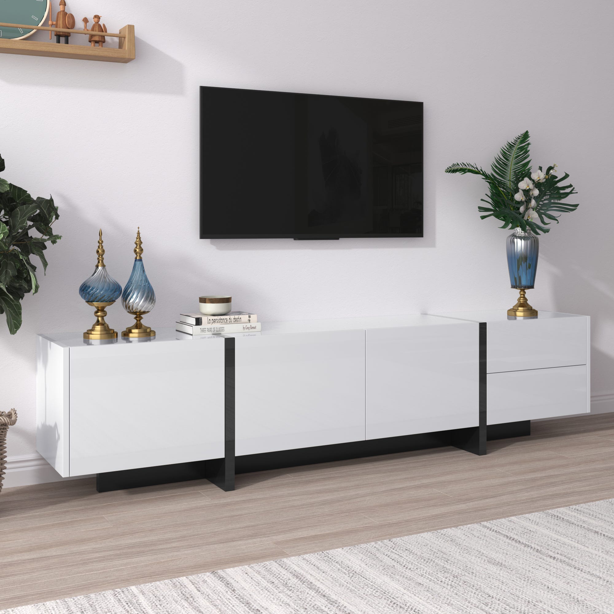 Meuble TV 190x35x45cm rangement trois portes deux tiroirs design épuré ...