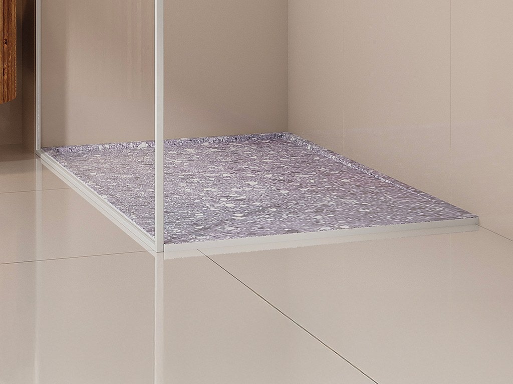 Brodzik płaski posadzkowy lub wpuszczany w posadzkę do przycięcia z żywicy SMC z syfonem - Efekt szarego lastryko - 140 x 90 cm - LYROSA