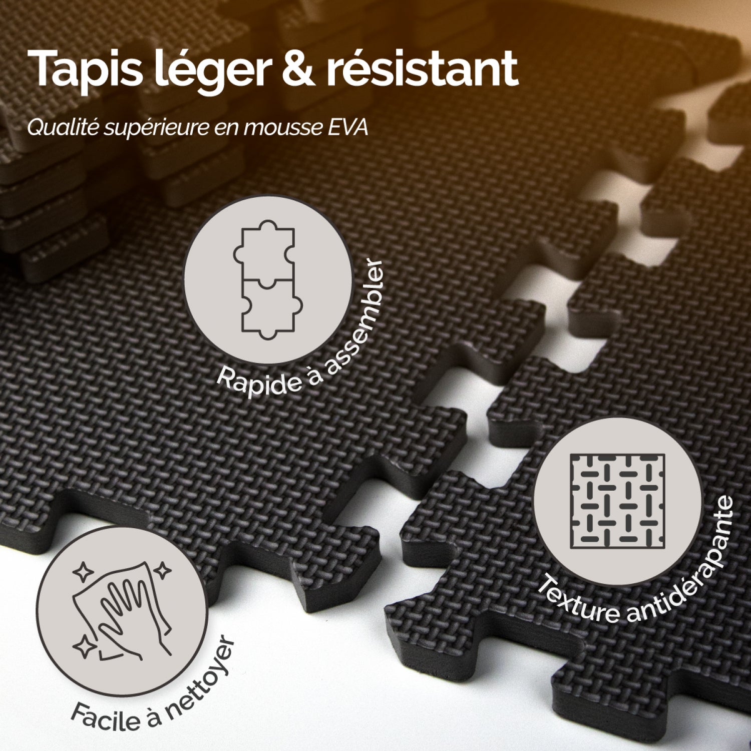 Tapis de sol puzzle pour sport ou jeu enfant, antidérapant - 18 pièces - Noir - Vivezen - 5