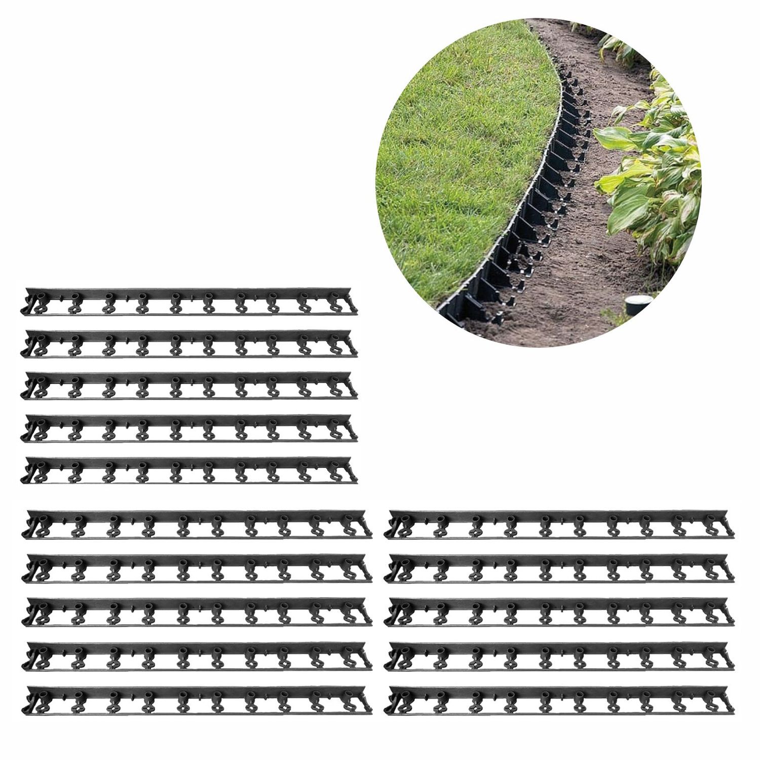 Suelo Camping Borde Flexible Para Césped WDB - 10 M, Negro, 4 Cm Alto, Con 20 Clavos Toldos Verticales