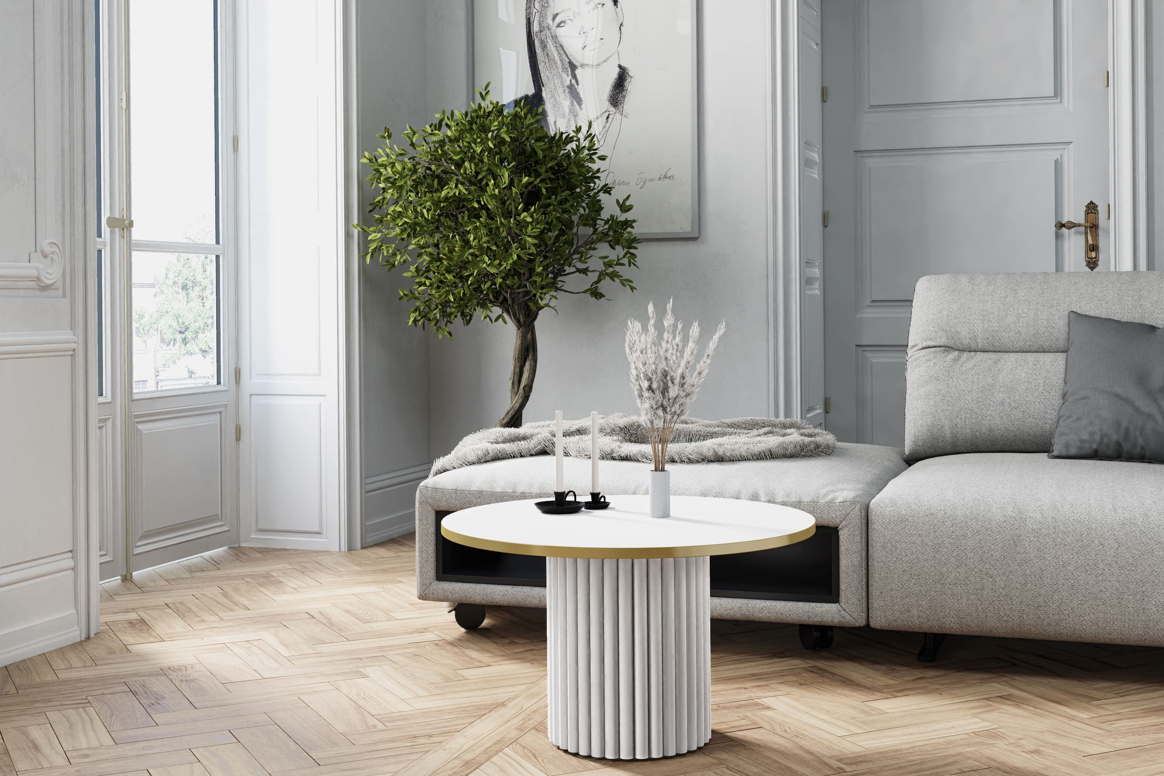 Stolik VIRELO GOLD w Bieli z Złotym Obrzeżem i Białym Stelażem – Elegancka Nowoczesność - 2