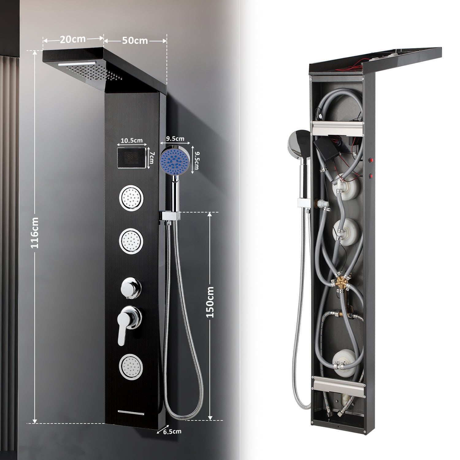 Panel de columna de ducha de hidromasaje con grifos, funciona 5 duchas a la vez, acero inoxidable 304, superficie de titanio negro - 2