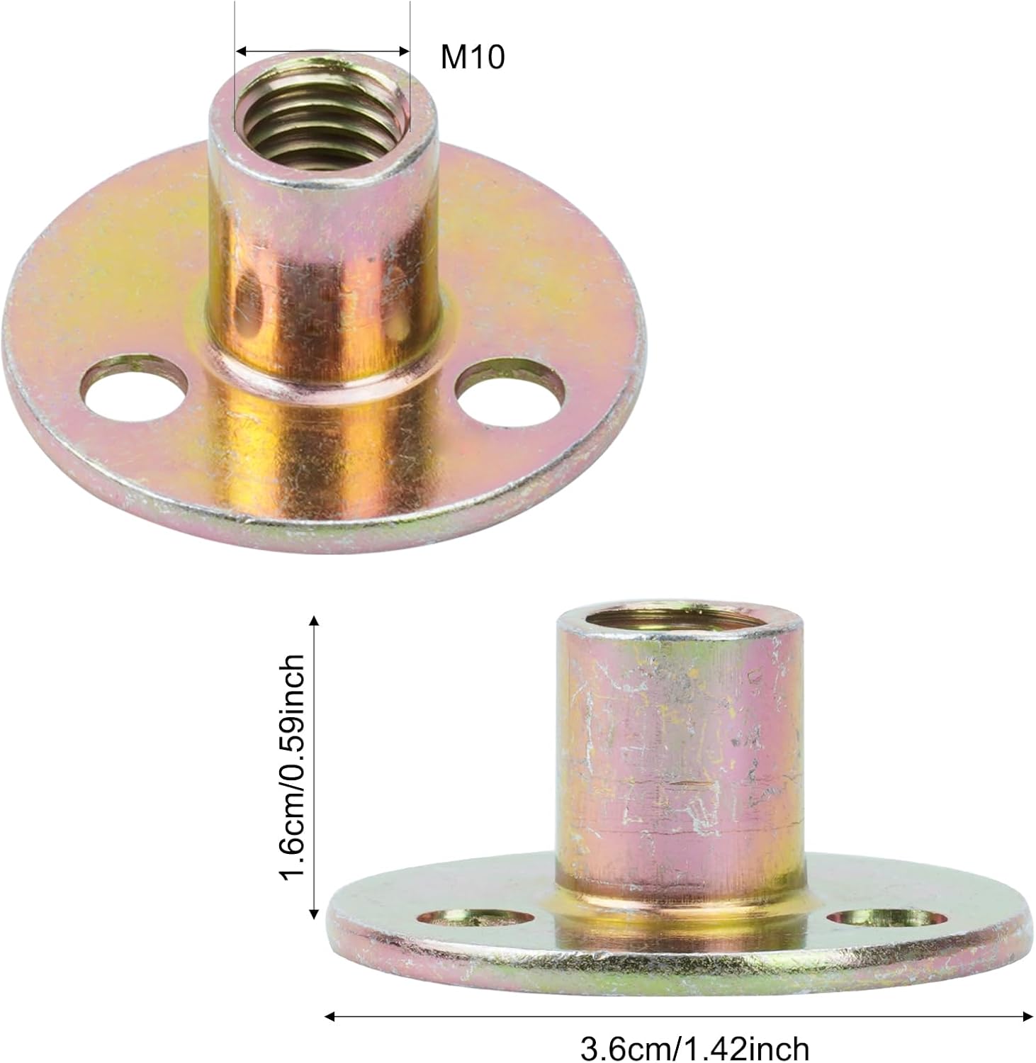 Set di 5 dadi flangiati a 3 fori, dadi a T M10, dadi a T a 3 fori, dadi a T in acciaio al carbonio con base rotonda per il fissaggio - 2