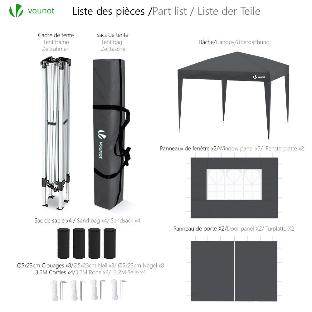 Tonnelle de jardin 3x3m pliable avec portes et fenêtres et sac de transport gris - VOUNOT® - 2