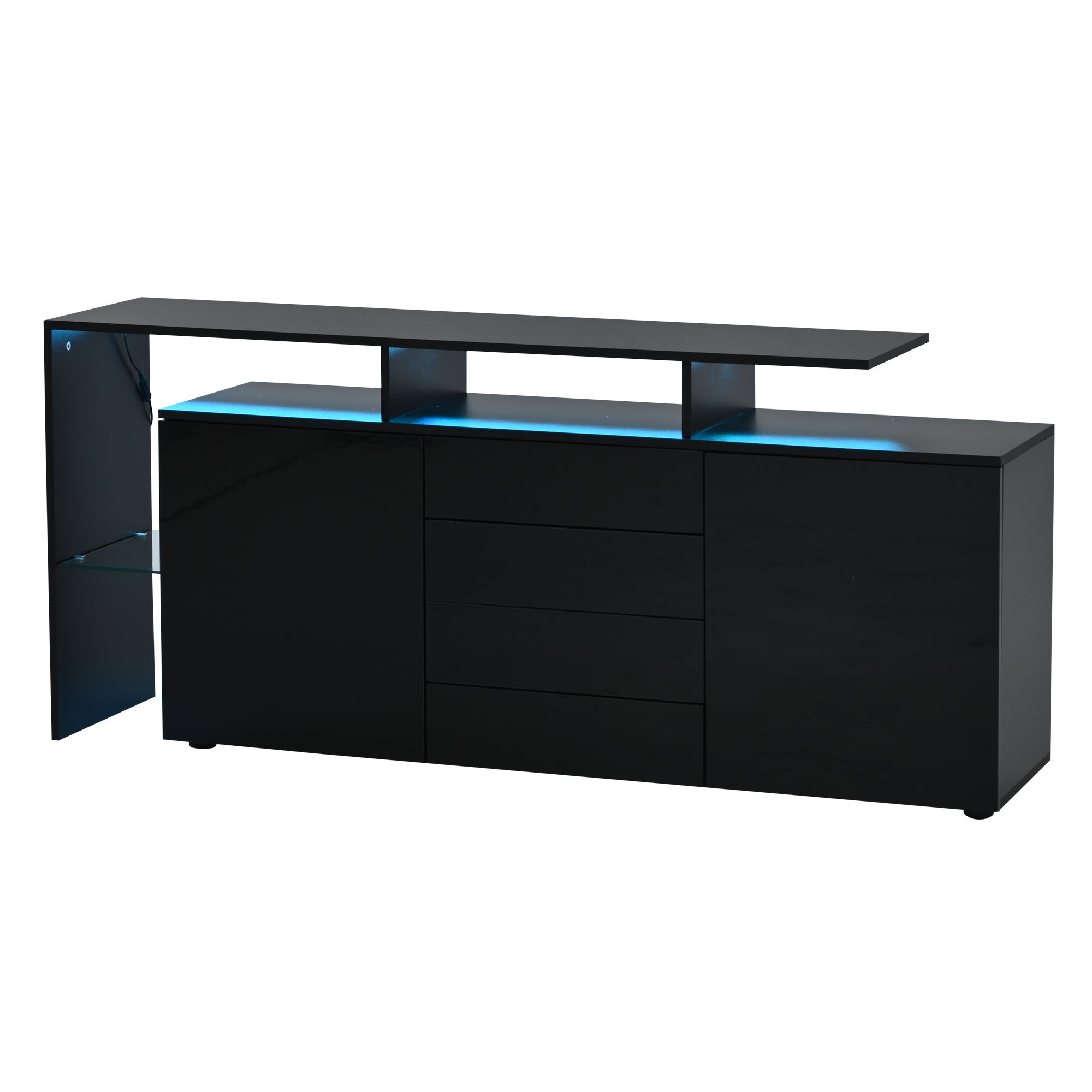 Buffet 160x35x70cm - z oświetleniem LED - 4 szuflady i 2 fronty - Błyszczące wykończenie - Płyty wiórowe - Czarny - 7