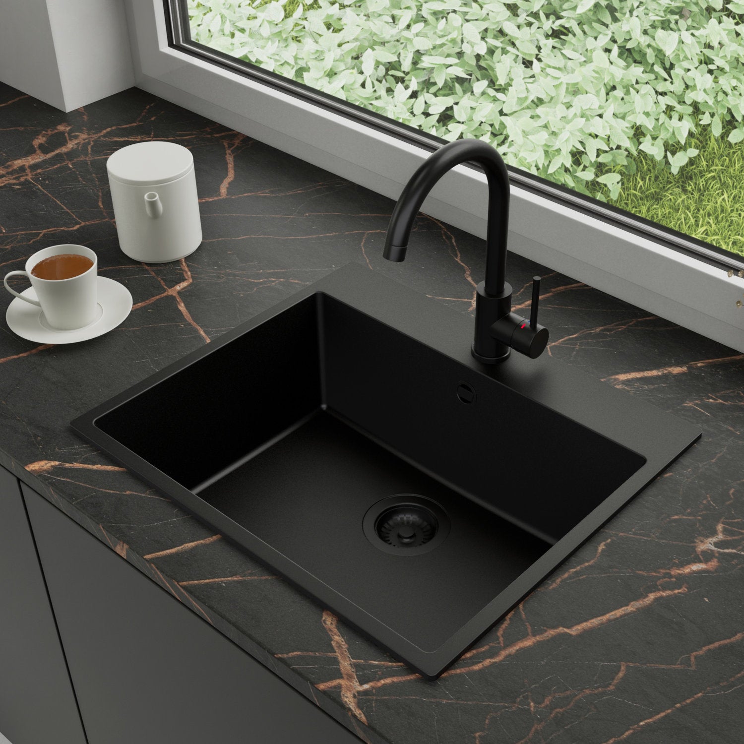 Zlewozmywak Granitowy 58x50cm, do szafki od 60cm + Bateria + Syfon - Amber Cały Czarny STONESTYLE