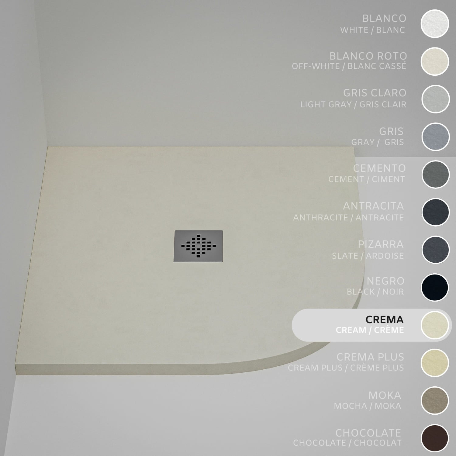 Brodzik półokrągły SOULHOME Żywica i Konglomerat Mineralny Antypoślizgowy 70x70 cm Kremowy - Kratka Inox
