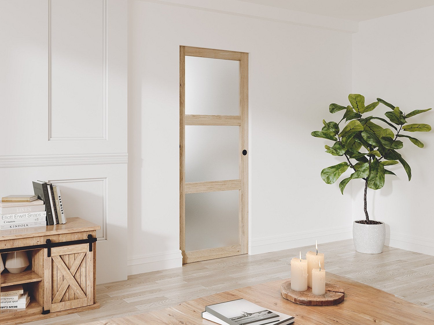 Drzwi przesuwne chowane w ścianie z 3 szybami - wys. 205 x szer. 63 cm - płyta MDF naturalna - Matowe szkło hartowane - ACOSTA II
