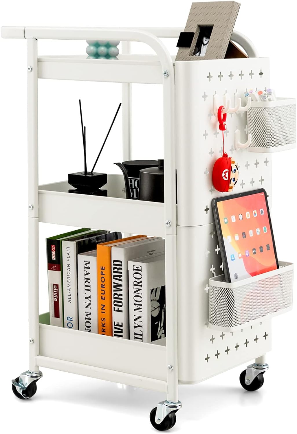 Wózek na Kółkach z 3 Poziomami, Wózek do Przechowywania i Organizacji z Podwójnymi Perforowanymi Panelami, 2 Kosze (Biały)