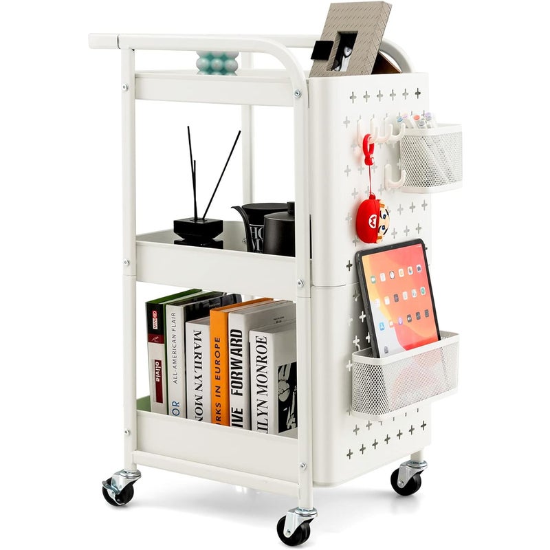 Wózek na Kółkach z 3 Poziomami, Wózek do Przechowywania i Organizacji z Podwójnymi Perforowanymi Panelami, 2 Kosze (Biały)