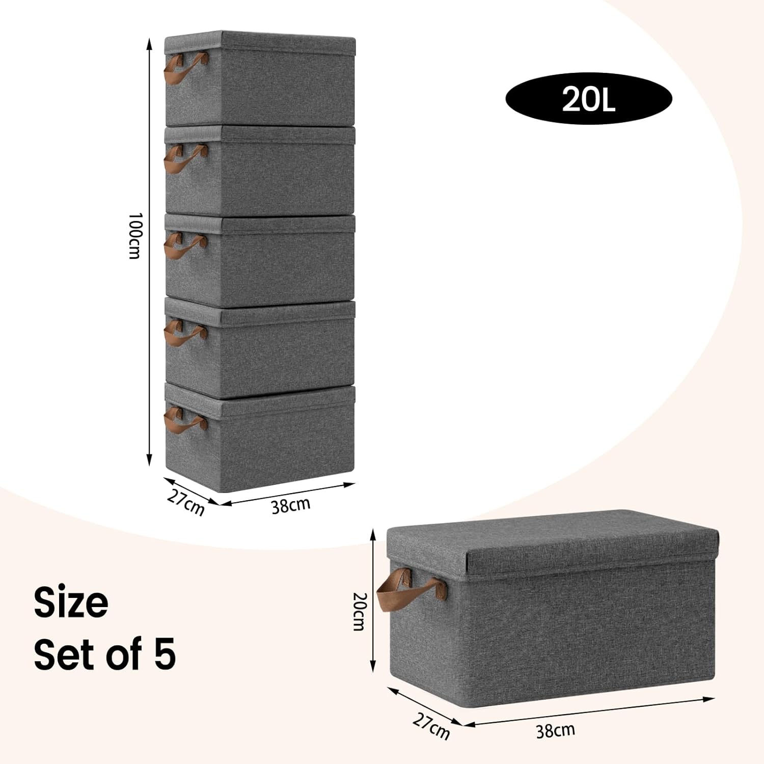 WOLTU Boîte de Rangement avec Couvercle，Lot de 6，Caisse Rangement Pliable，38x27x20cm，Coffre de Rangement en Tissu non Tissé，Gris - 4