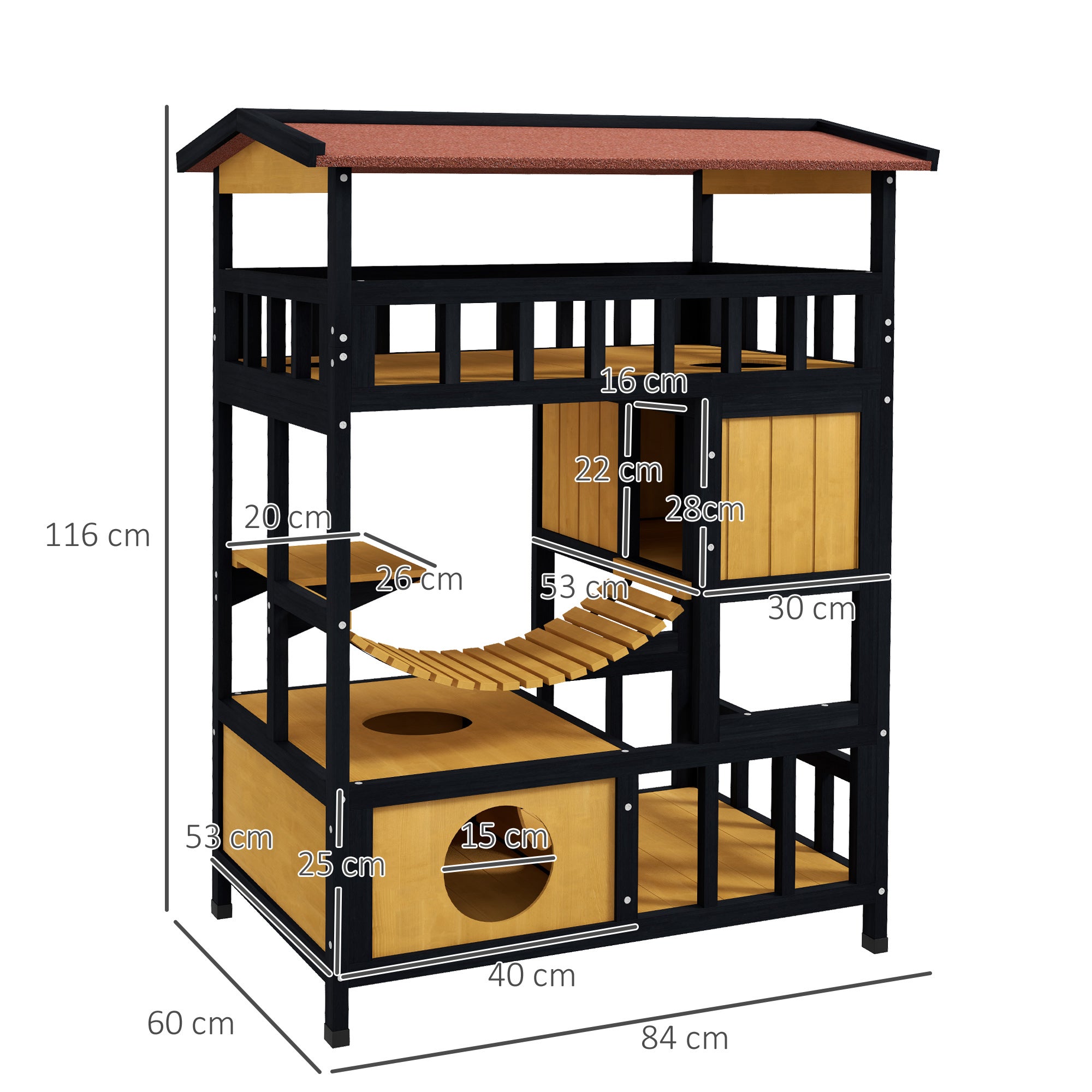 Casa para Gatos PawHut madeira de pinho Natural e Preto 84x60x116 cm - 3