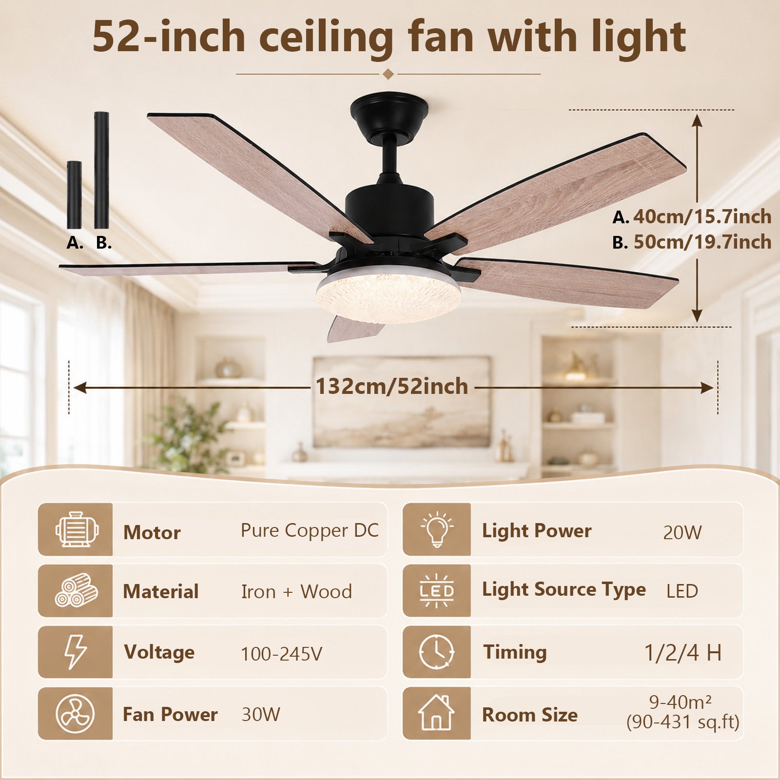 Ventilateur de plafond avec éclairage LED 132 cm 3000K-6500K diffuseur effet cristal pales aspect bois/noir, moteur DC télécommande/appli - 8