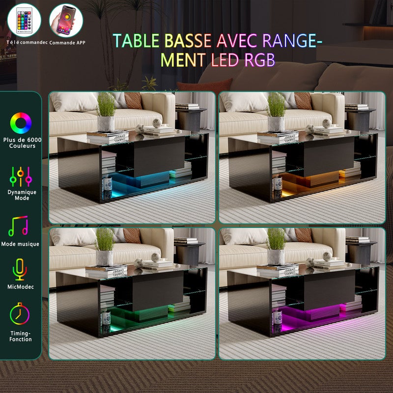 Table basse, Table basse salon LED avec espace de rangement, Table brillante avec étagère en verre, 100L x 50B x 35H cm - 9
