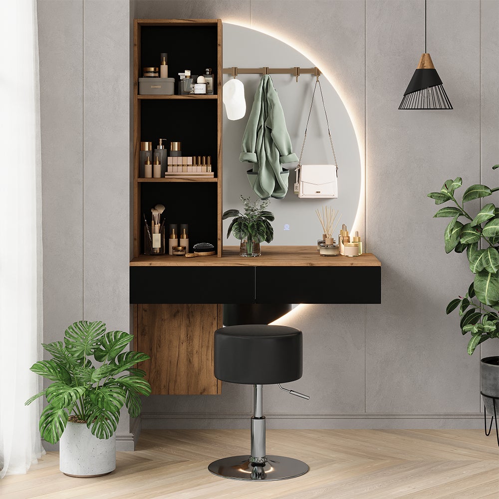 Vicco Stół do toalety Melora, Dąb/czarny, 100 cm z lustrem LED i stołkiem