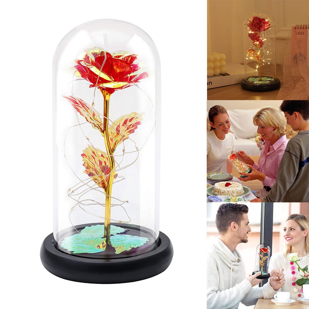 TINYOUTH Rosa con paralume in vetro, rosa artificiale, 2 m, 20 LED a forma di rosa in vetro, con bella e la bestia, funzionamento a batteria AAA, per matrimonio, San Valentino, Natale TINYOUTH Rosa con paralume in vetro, rosa artificiale, 2 m, 20 LED a forma di rosa in vetro, con bella e la bestia, funzionamento a batteria AAA, per matrimonio, San Valentino, Natale