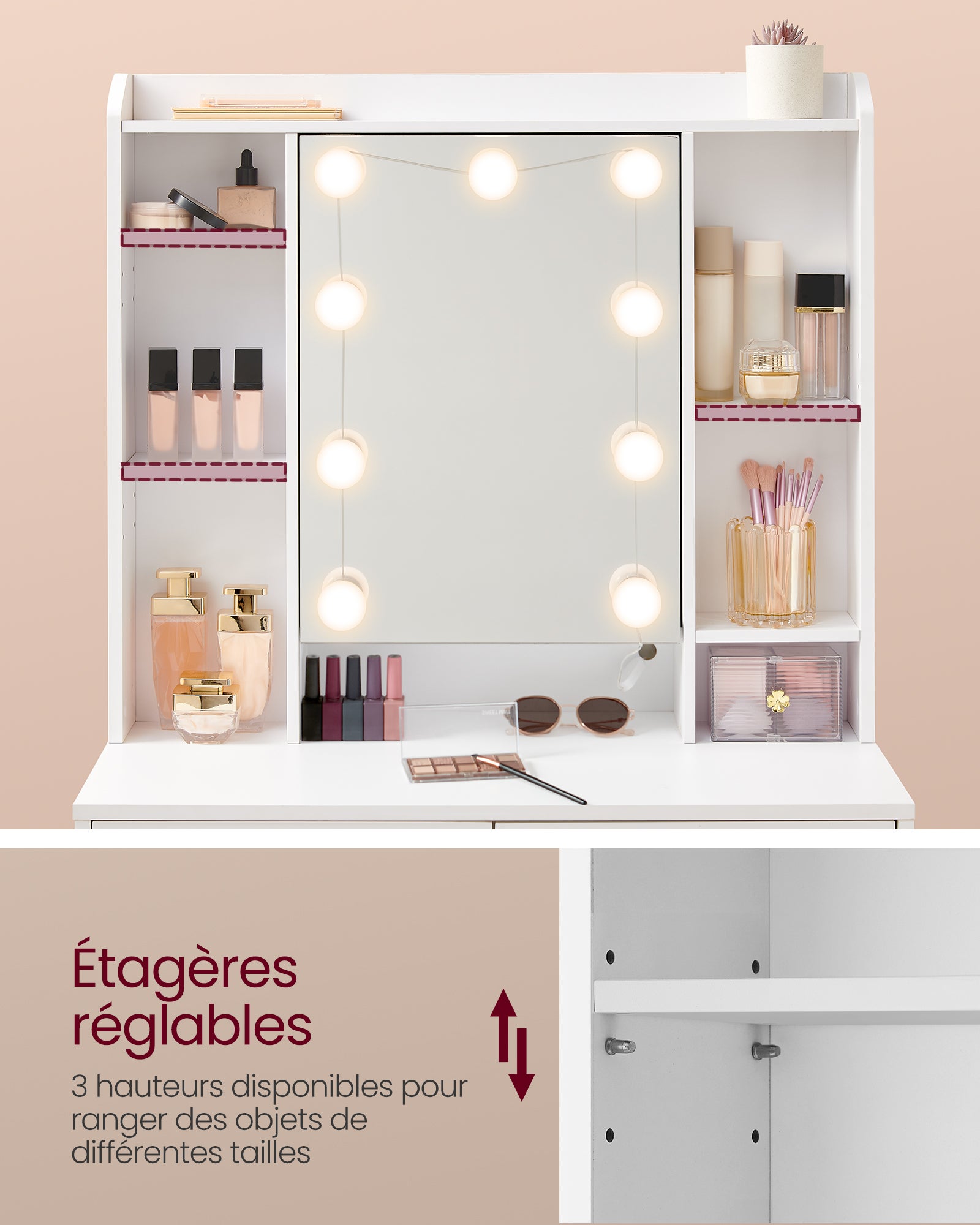 Coiffeuse avec 9 Lumières LED, 3 Tonalités et Luminosité Réglable, avec Miroir, Étagères Réglables, 2 Tiroirs, Blanc Nuage - 3