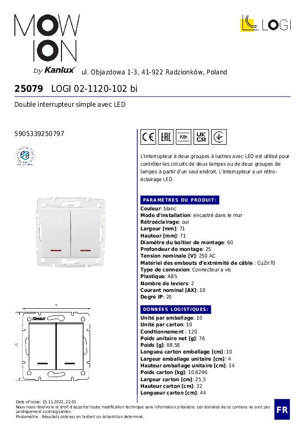 Interrupteur Double Va-et-vient - LED Intégrée - Encastré - Blanc - 6