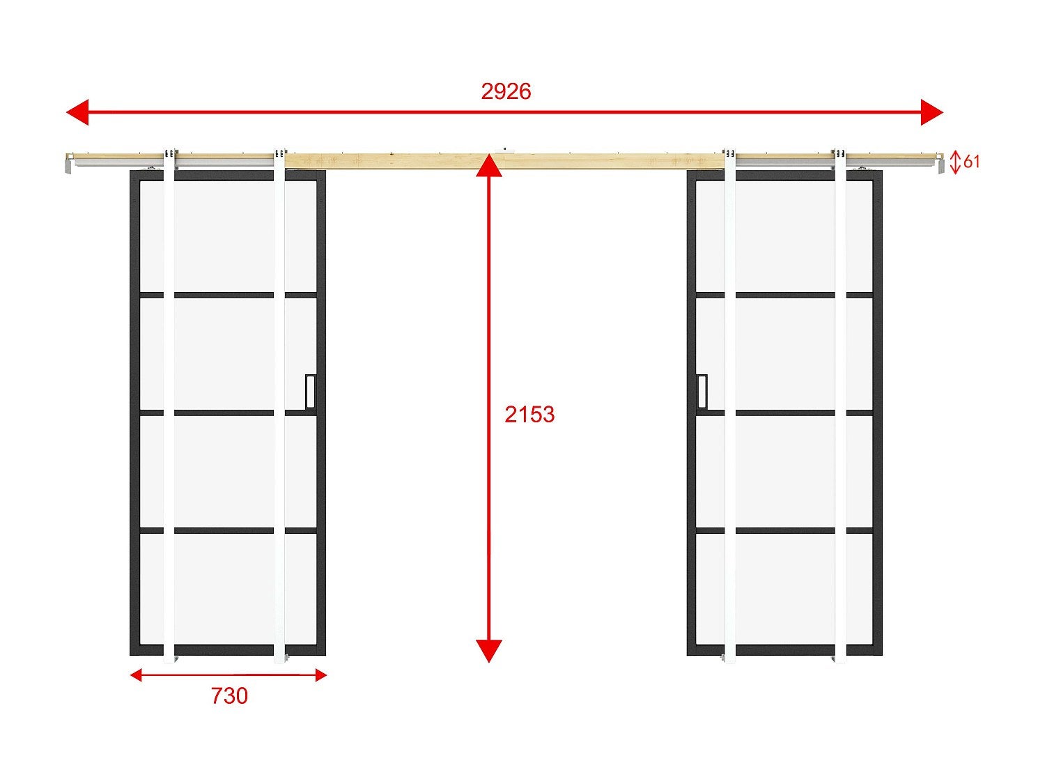 Porte coulissante double avec système à galandage - aluminium et verre trempé transparent - 2 x H205 x L73 cm - SINCA II - 4