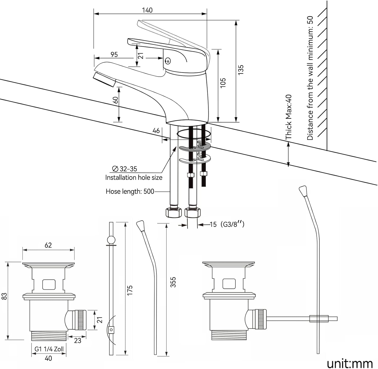 Mitigeur Lavabo Monotrou avec Tirette de Vidage, Bonde Incluse, Robinet Salle de Bain Chromé Robinetterie en Laiton Mousseur Démontable - 4